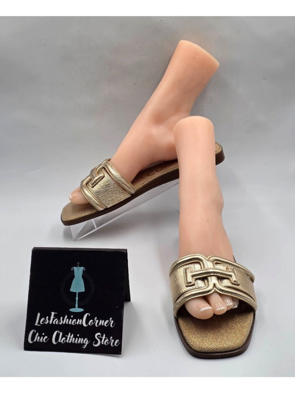 Sam Edelman Women's Gold Leather Irina Slide Square-Toe Flats Sandals Sz 10 3970